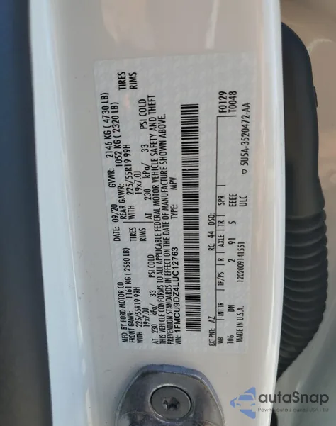 2020 Ford Escape Titanium z USA, uszkodzony, nr VIN 1FMCU9DZ4LUC12763